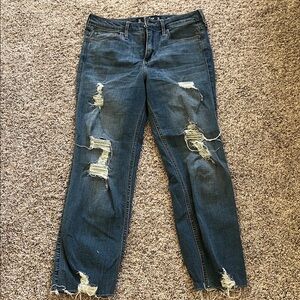 Hollister Women's Distressed Straight Leg Jeans - Dark Blue